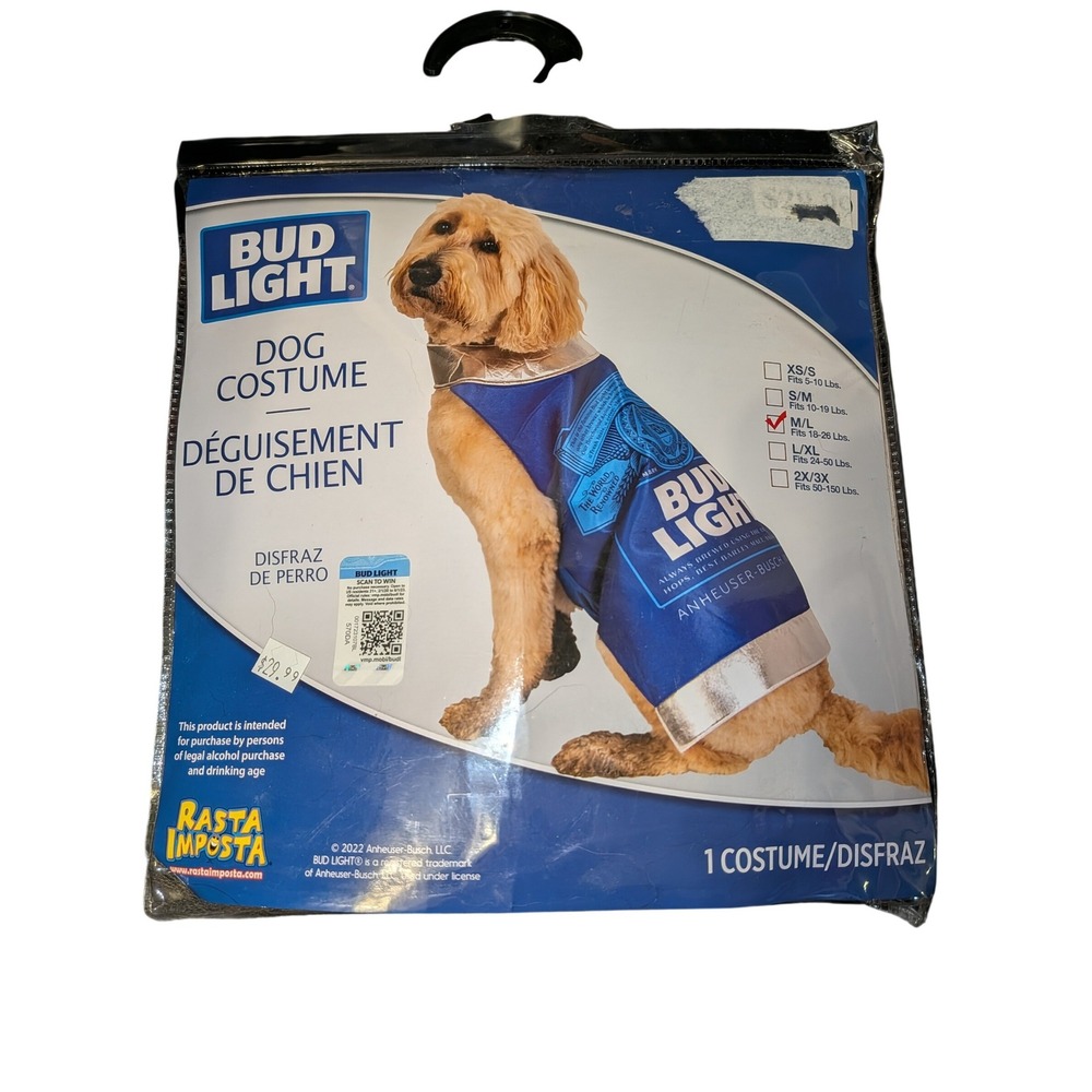 Bud Light Dog Costume Rasta Imposta Beer Can‎ Pet Tunic Size M/L Blue Silver NEW
